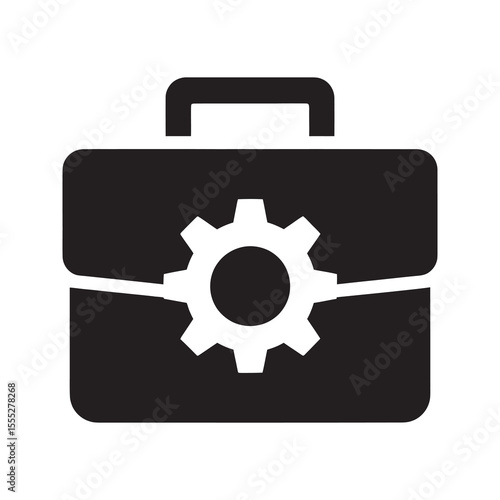 Business management and project settings icon with a briefcase and gear representing corporate strategy operations and portfolio administration vector solid glyph icon