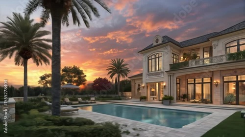 Luxury real estate sunset view: stunning mansion with pool, palm trees, and beautiful sky in florida