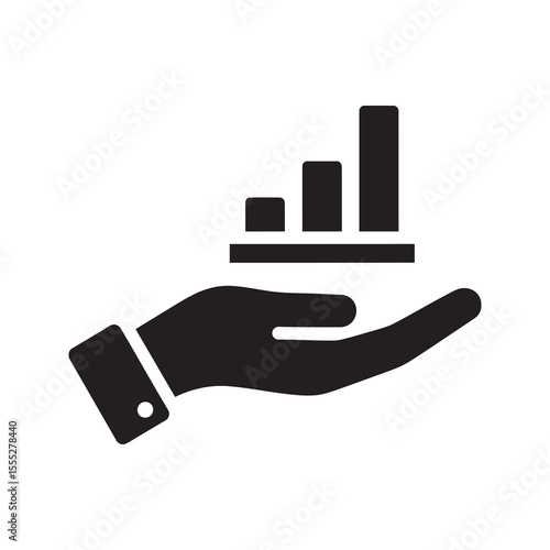 Financial data analysis icon with a hand holding a bar chart for a business report presentation showing statistics and growth results vector solid glyph icon