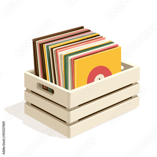 stack of vinyl records in a wooden crate, isometric vector  style