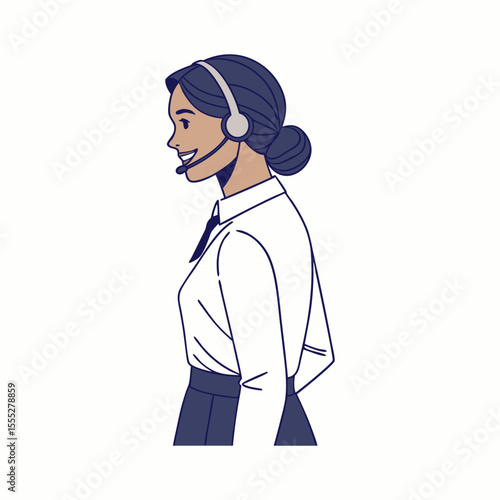 Smiling woman in customer care role using microphone headset on bright white background