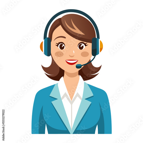 Positive woman customer care representative with microphone headset providing support on white backdrop