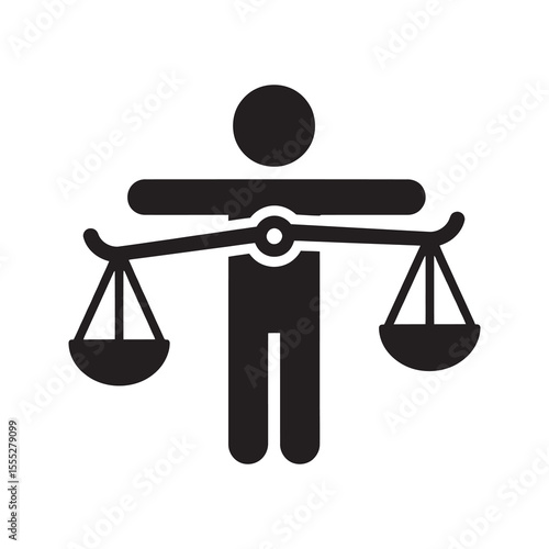 Law and justice icon with a person holding a balance scale representing fairness ethics and a balanced decision for legal equality vector solid glyph icon