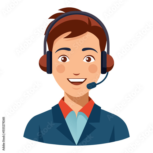 Friendly male customer support agent smiling warmly while using headset on clean white backdrop