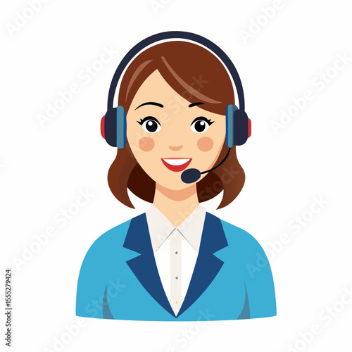 Cheerful female customer service agent holding microphone smiling on white isolated background