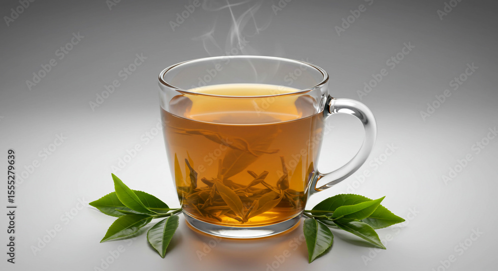 A steaming cup of golden tea, inviting warmth and tranquility on a serene morning, showcasing fresh tea leaves and a clear glass mug against a neutral background. A steaming cup of golden tea, inviting warmth and tranquility on a serene morning, showcasing fresh tea leaves and a clear glass mug against a neutral background.