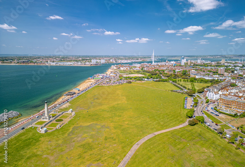The drone aerial view of Portsmouth Harbour. Portsmouth is a port city and unitary authority in Hampshire, England.