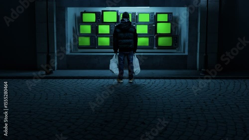 Rear view of a teen holding white shopping bags, standing in front of a television store with  greenscreen displays