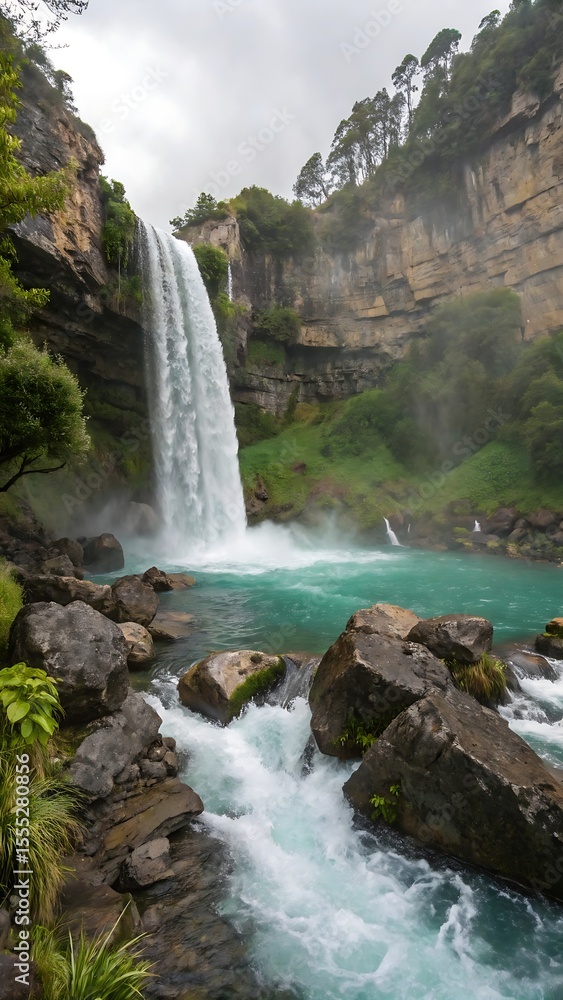 Fototapeta premium Majestic Waterfall Cascading Over Rocky Cliffs powerful waterfall