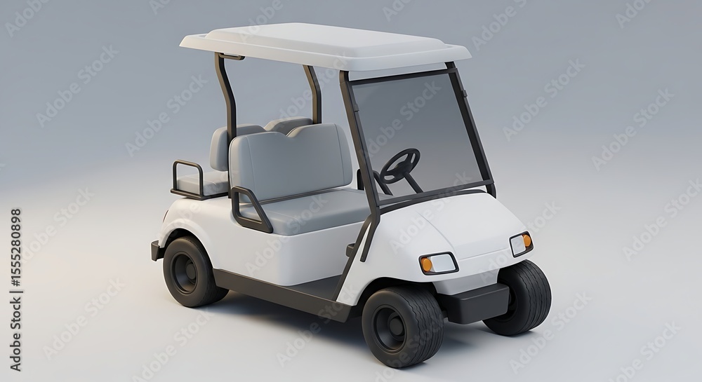 Fototapeta premium A white golf cart with a roof and two seats is displayed against a neutral background.
