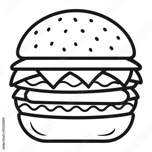 Triple Layer Cheeseburger Outline Icon - Detailed Line Art Vector for Fast Food Menus isolated on white background