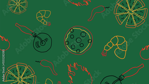 Pizza spice and shrimp green background