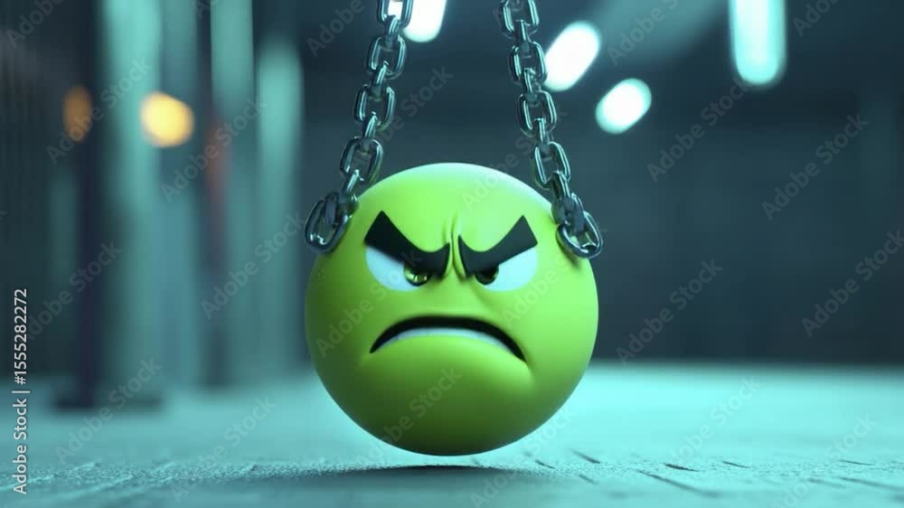 Angry emoticon hanging from chains.