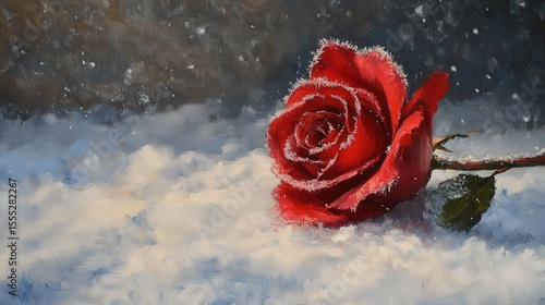 Red rose in snow, detailed winter scene.