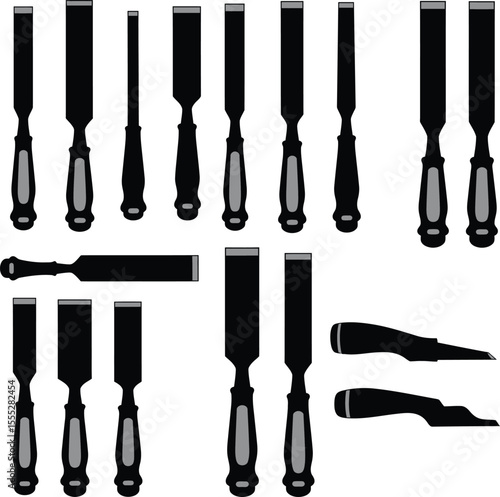 Vector and illustration of various chisel silhouettes, a comprehensive collection of woodworking and carving tools essential for craftsmen and DIY enthusiasts.