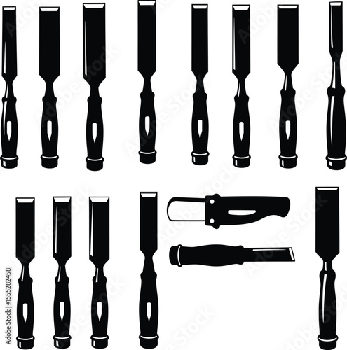 Vector and illustration of various chisel silhouettes, a comprehensive collection of woodworking and carving tools essential for craftsmen and DIY enthusiasts.