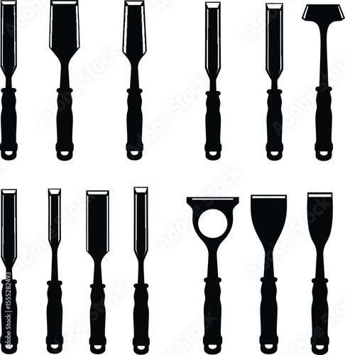 Vector and illustration of various cold chisel silhouettes, a robust collection of striking tools essential for masonry, metalwork, and demolition projects.