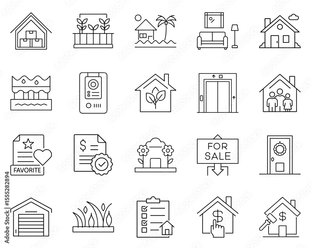 Real Estate Icons Set Featuring Summer Themes and Home Elements Real Estate Icons Set Featuring Summer Themes and Home Elements