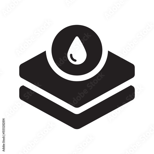 Waterproof material icon with a water drop on a layered surface representing hydrophobic coating and liquid resistant textile technology vector solid glyph icon