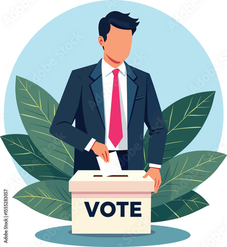 Illustration of man voting in election with ballot box for political campaign and democratic process
