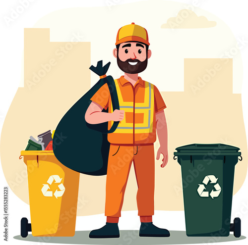Illustration of smiling garbage collector man with trash bag and recycling bin service in city street