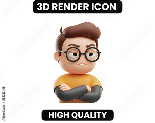 3D Annoyed Boy Character with Arms Crossed. An expressive cartoon avatar showing frustration, disapproval, or anger. Ideal for representing negative feedback or a pouting reaction.
