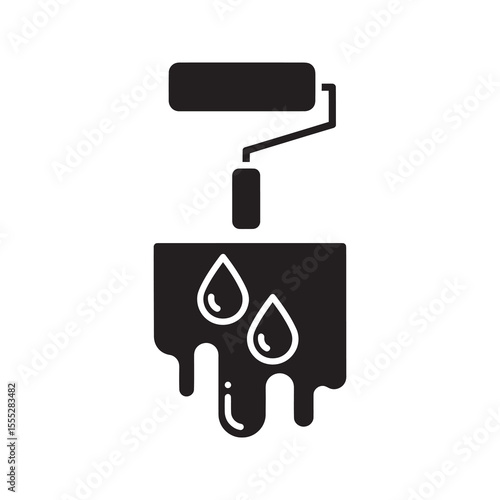 Waterproof paint application icon with a roller and dripping liquid for applying sealant or protective coating on a surface vector solid glyph icon