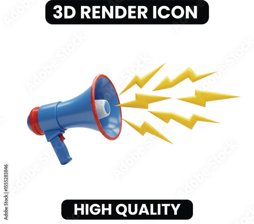Dynamic 3D Megaphone with Lightning Icon. A powerful symbol for urgent announcements, breaking news, and viral marketing campaigns. Represents a loud, clear, and energetic message.