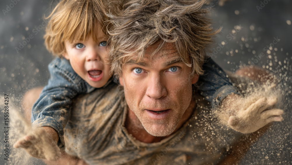 Obraz premium Father and child have fun in the dirt. A man and his young son joyfully play in the dirt, creating a playful and messy atmosphere.