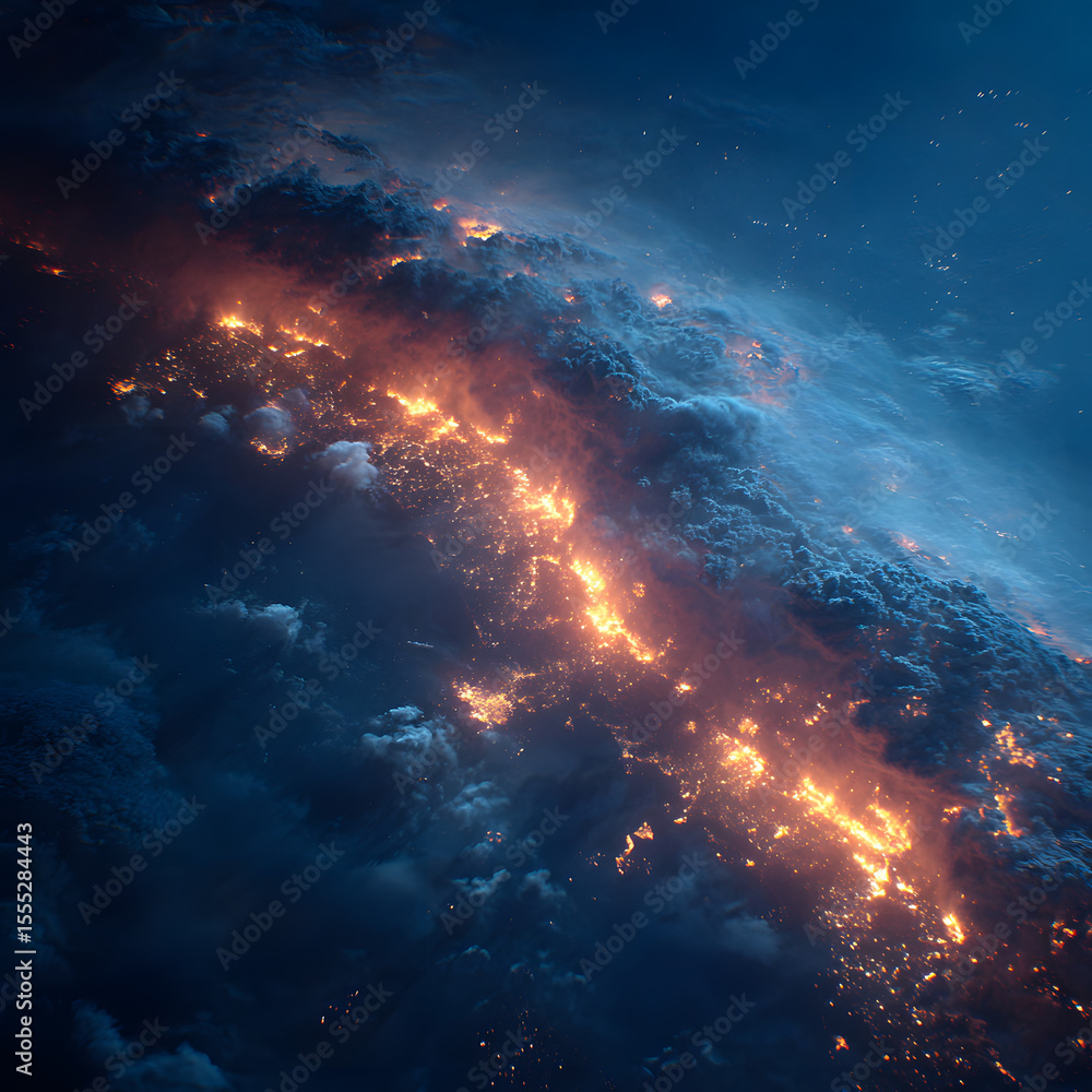 Fototapeta premium Earth planet forest fire night space dramatic half burning environmental climate crisis glowing