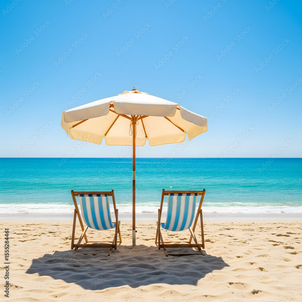 Two striped beach chairs sit under a white umbrella on a sandy beach, facing the clear blue ocean and sky, inviting relaxation Two striped beach chairs sit under a white umbrella on a sandy beach, facing the clear blue ocean and sky, inviting relaxation