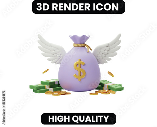  Flying 3D Money Bag with Wings Icon. Represents fast money, quick transactions, money transfers, and financial freedom. A whimsical symbol for rapid financial growth or spending.
