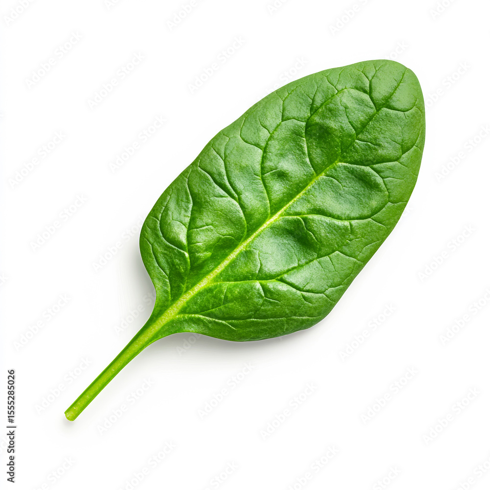 Obraz premium Fresh spinach leaf on white background. A single, vibrant green spinach leaf with visible veins rests on a clean white background, showcasing its freshness.