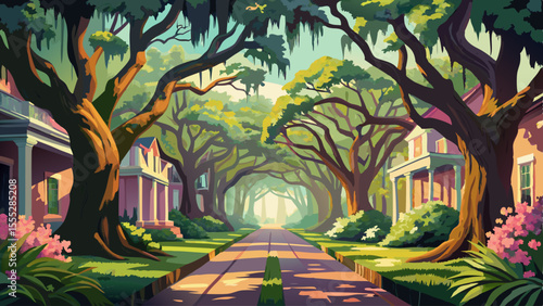 Moss-covered oak trees arch over quiet streets, casting dappled shade on centuries-old mansions. Blooming azaleas line the walkways,. Warm light filters through Spanish moss as the city glows in soft 
