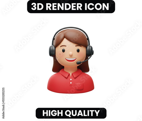 3D Female Customer Service Agent Icon. A friendly call center operator with a headset, perfect for representing support, assistance, and communication. Ideal for contact pages and help sections.