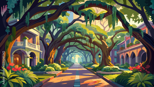 Moss-covered oak trees arch over quiet streets, casting dappled shade on centuries-old mansions. Blooming azaleas line the walkways,. Warm light filters through Spanish moss as the city glows in soft 
