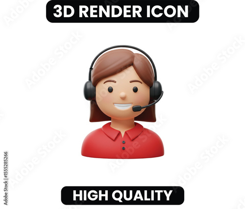 3D Customer Support Representative Character. A smiling female avatar with a headset, symbolizing telemarketing, client assistance, and virtual help desk services. Great for user icons.