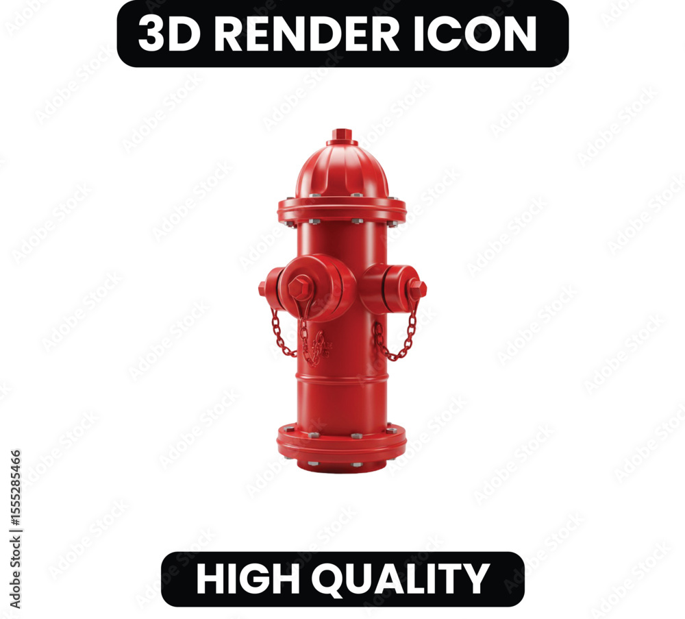 Realistic 3D Red Fire Hydrant Icon. A classic symbol of public safety, emergency services, and firefighting. A detailed graphic for urban, city infrastructure, or safety-related themes. Realistic 3D Red Fire Hydrant Icon. A classic symbol of public safety, emergency services, and firefighting. A detailed graphic for urban, city infrastructure, or safety-related themes.