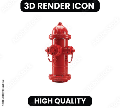  Realistic 3D Red Fire Hydrant Icon. A classic symbol of public safety, emergency services, and firefighting. A detailed graphic for urban, city infrastructure, or safety-related themes.