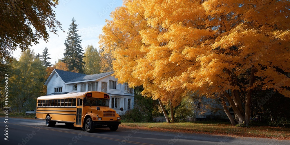 Obraz premium School bus on rural road amidst vibrant autumn foliage and charming house