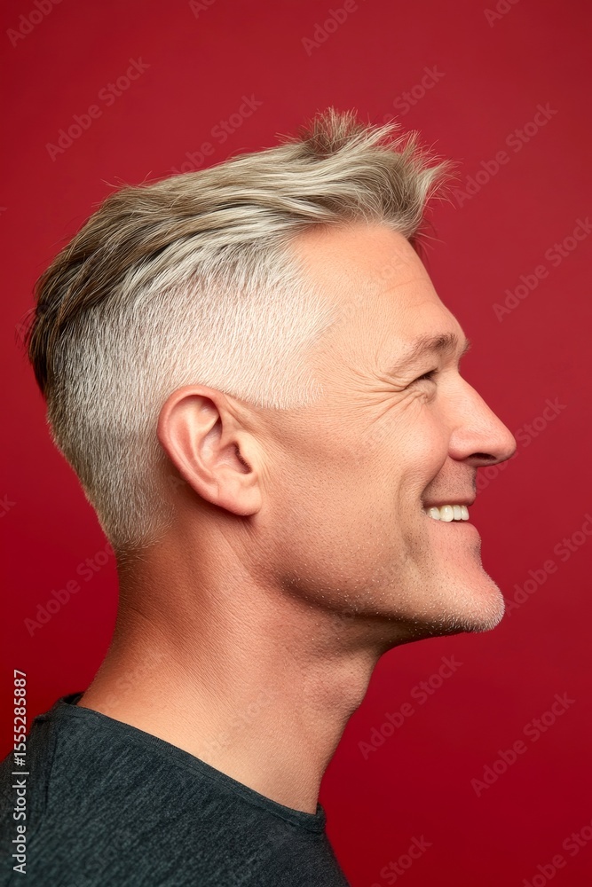 Fototapeta premium Fashionable men's buzz cut haircut - midlife white man with blond hair. Concept of style for aging men. A charming and expressive man enjoying his portrait. Red solid background.