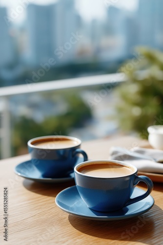 Wallpaper Mural Two blue coffee cups on outdoor table with city skyline view on sunny day Torontodigital.ca
