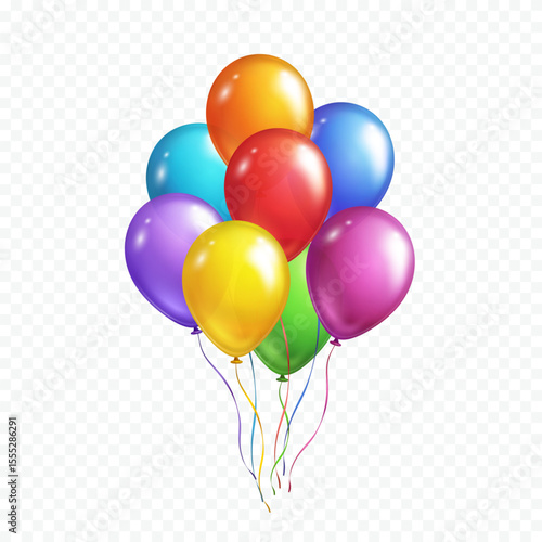 Balloons bunch isolated on transparent background. Vector colorful festive 3d helium balloons template for anniversary, birthday party design