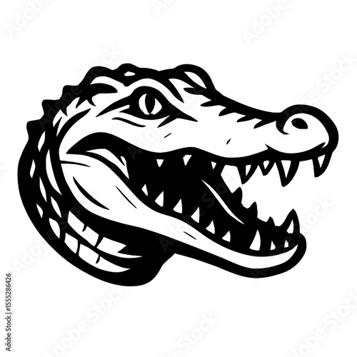 Aggressive Black and White Alligator Head Roaring Vector - Powerful Reptile Mascot Illustration