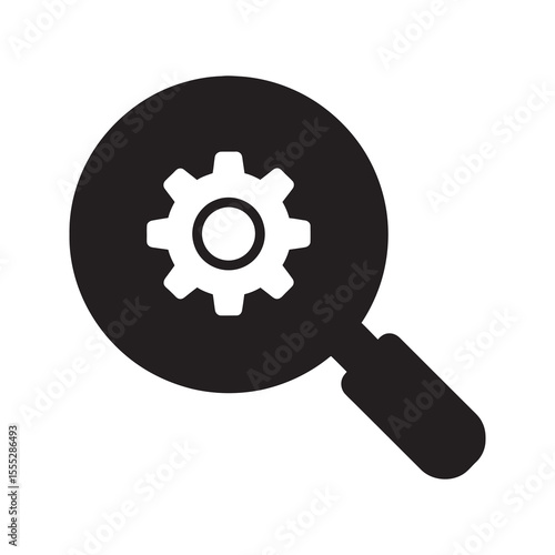 Technical search icon with magnifying glass over gear for finding solutions and engineering data system configuration and settings analysis vector solid glyph icon