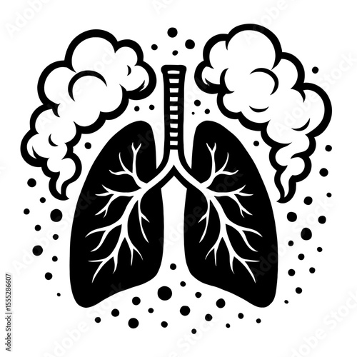 Black and White Human Lungs with Smoke and Particles Vector - Air Pollution and Respiratory Health