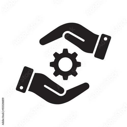Service icon with hands protecting a gear a symbol for maintenance and care for a system a concept of support and quality control nice vector solid glyph icon