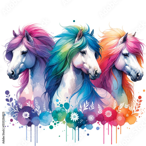 Enchanting Trio: Three majestic horses with flowing manes in vibrant, rainbow hues stand against an artistic backdrop of blooming flowers, creating a whimsical and imaginative scene.