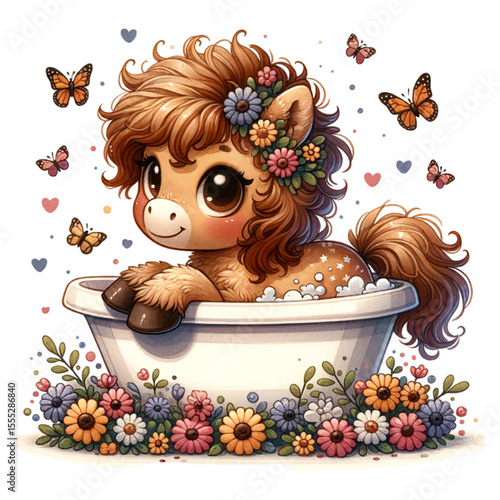 Playful Pony's Bath Time: A delightful illustration of a cute pony taking a bath, surrounded by flowers and butterflies, emanating joy and tranquility.