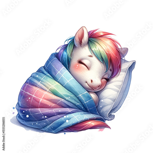 Dreamy Slumber: A gentle and heartwarming illustration captures a charming pony, cozily wrapped in a vibrant blanket, drifting into a peaceful sleep, showcasing a blend of tranquility and whimsy.